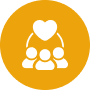 Icon of three people figures with a heart above them, connected by curved lines, on a yellow circular background—perfect for representing nonprofit teamwork and community support. AlternativesBeauty.org