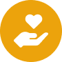White hand icon with a floating heart above it, symbolizing nonprofit support, centered on a round orange background. AlternativesBeauty.org
